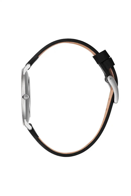 BHPC wristwatch side view with black leather strap and silver-tone round case