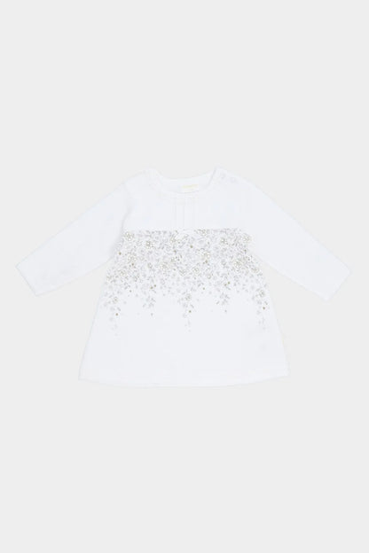 White long-sleeve baby dress with embroidered yoke and gathered skirt