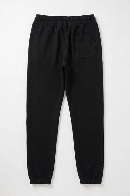 Black jogger pants with back pocket and elastic waistband cuffs