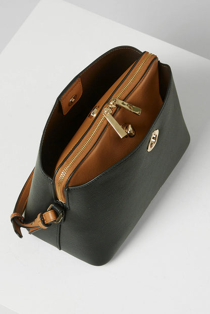 Open black mini bag with tan lining, zipper pocket and gold-tone hardware