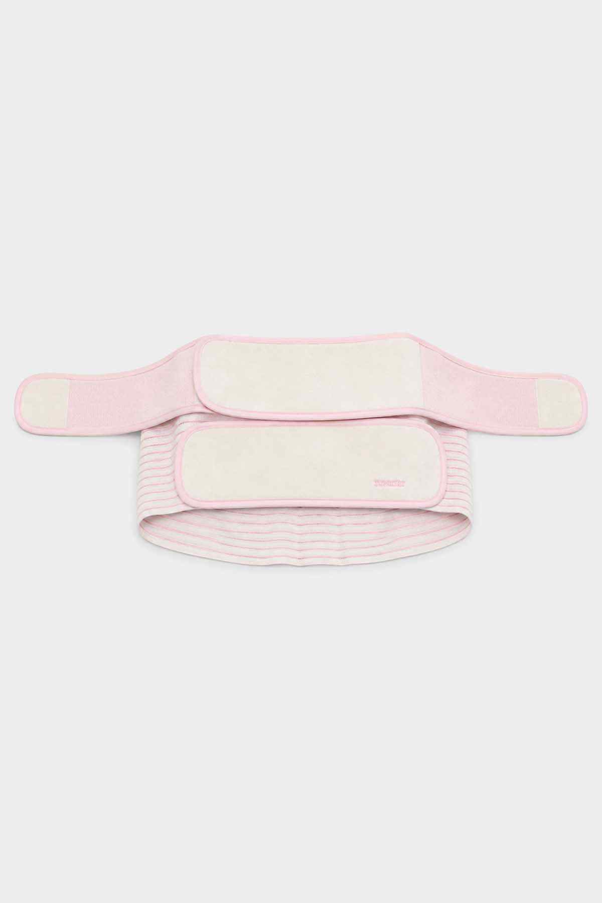 Pink-edged waist support belt with two long straps and hook-and-loop fastening pads