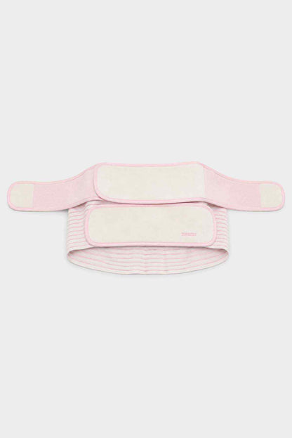 Pink-edged waist support belt with two long straps and hook-and-loop fastening pads