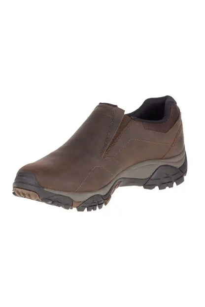 Dark earth slip-on trail shoe front/side view with stitched upper and lug sole