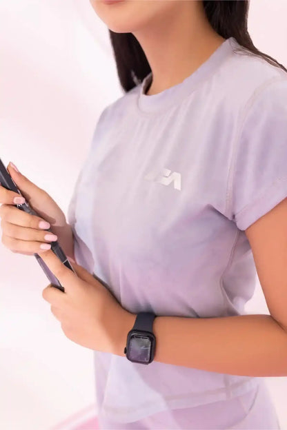Lavender short-sleeve athletic T-shirt with small chest logo