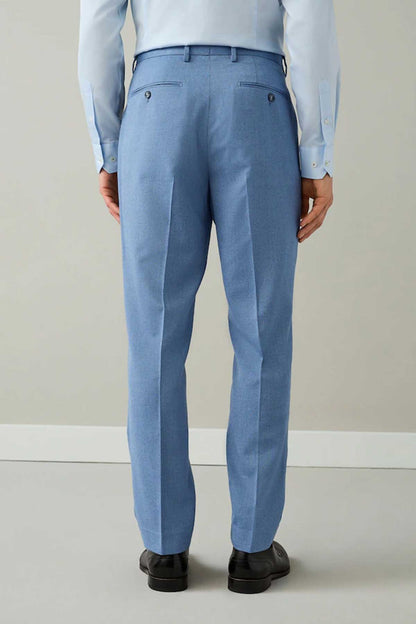 Men's chambray blue suit trousers with back welt pockets and straight legs