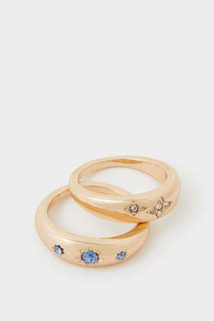 Gold-tone ring set with blue and clear stones, stacked design