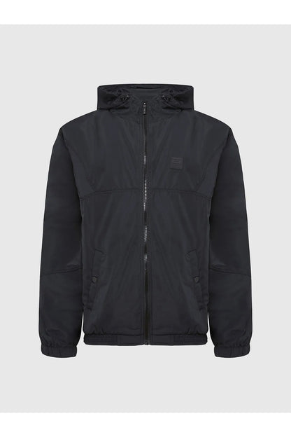 Black hooded full-zip jacket with two front pockets