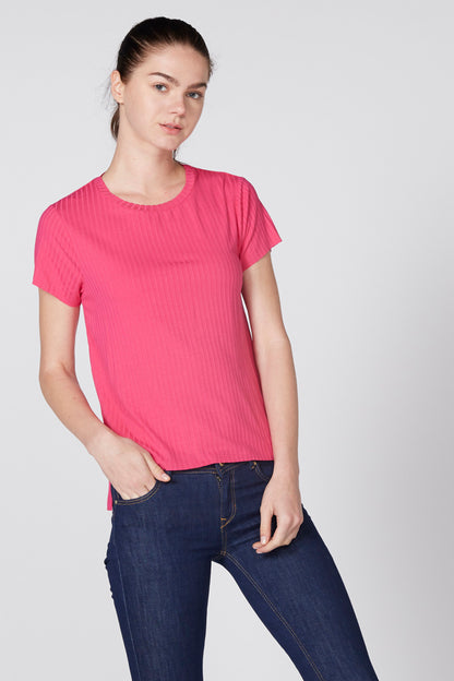 Pink short-sleeve crewneck knit top with ribbed texture