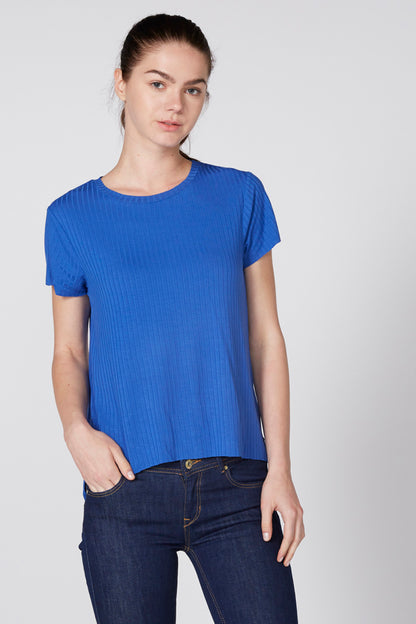 Women's blue ribbed short-sleeve T-shirt, crew neck, straight hem
