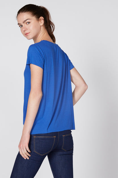 Women's blue ribbed short-sleeve T-shirt from the side, crew neck