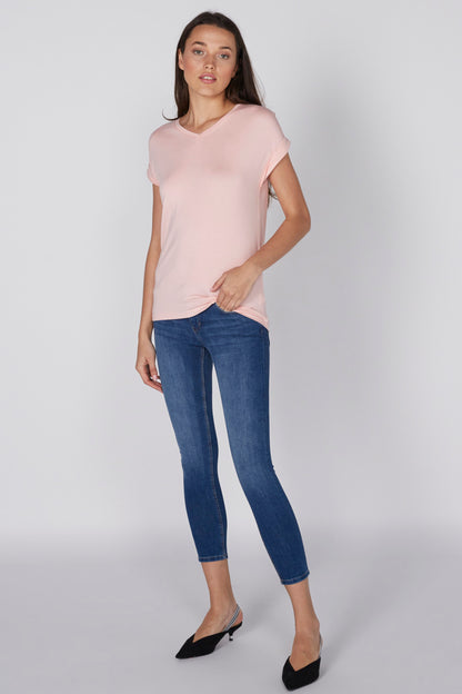 Pink V-neck short-sleeve T-shirt, full-length front view, straight hem