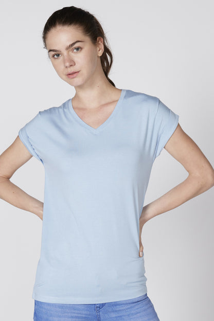Light blue V-neck T-shirt close-up with short sleeves and V-neck