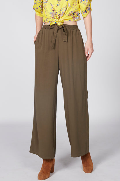 Splash olive-brown wide-leg pants with drawstring waist and front tie