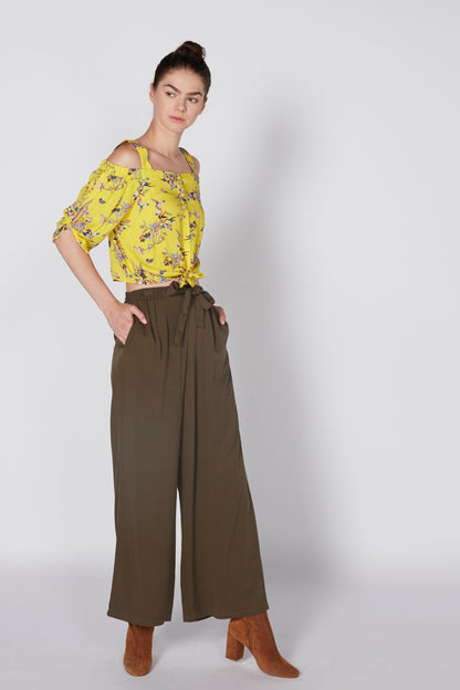 Splash olive-brown wide-leg pants with front tie, ankle-length cut