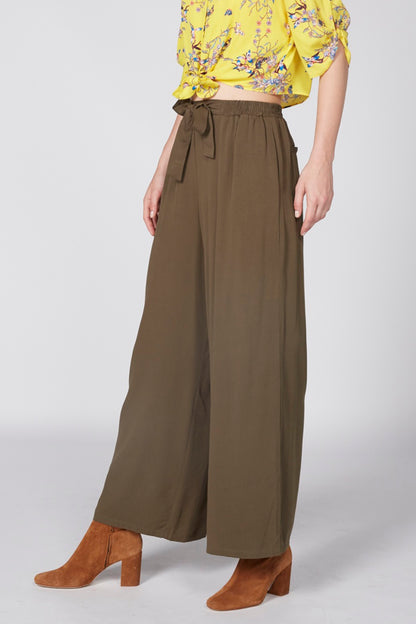 Splash olive-brown wide-leg pants with front tie and elastic waistband detail