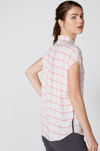 Pink grid-striped short-sleeve polo shirt, side/back view with pointed collar