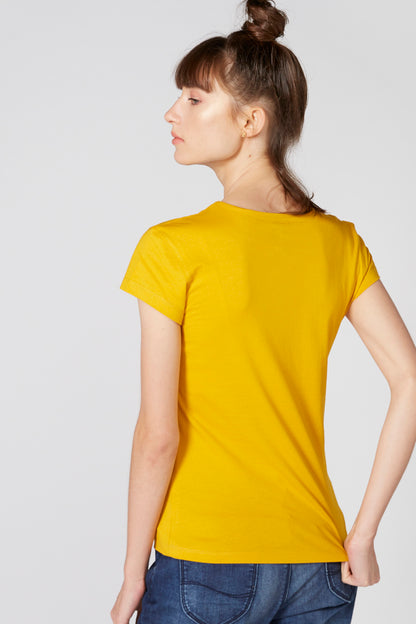Yellow crew-neck short-sleeve T-shirt, plain back view with blue jeans