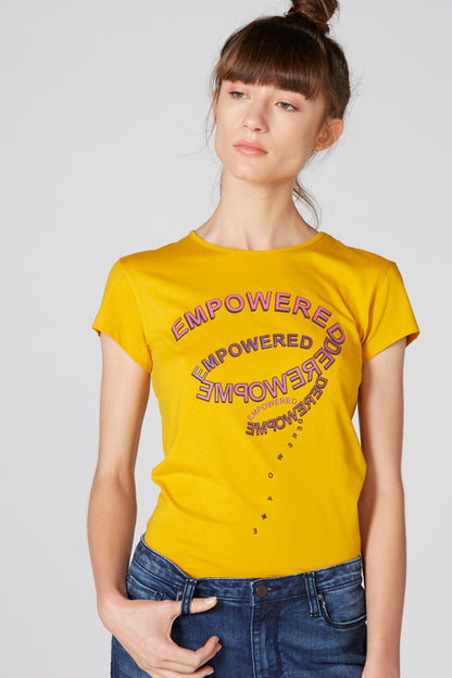 Yellow graphic T-shirt with short sleeves and crew neck, front view