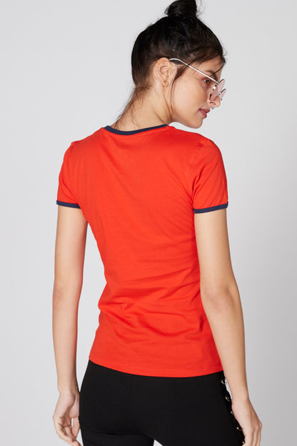 Red short-sleeve T-shirt with navy trim, back view