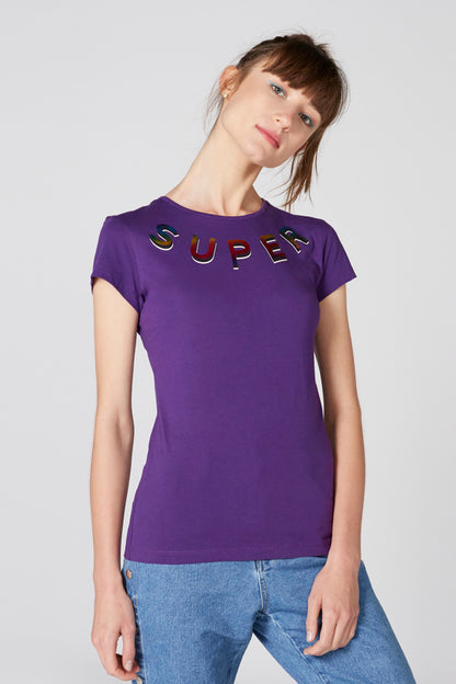 Purple short-sleeve T-shirt with multicolor 'SUPER' logo across the chest
