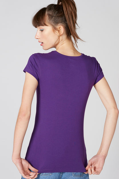 Purple short-sleeve T-shirt, back view, crew neckline