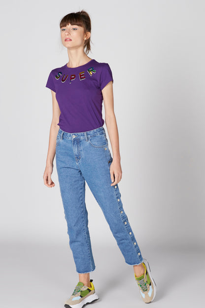 Purple short-sleeve T-shirt with 'SUPER' graphic and crew neckline