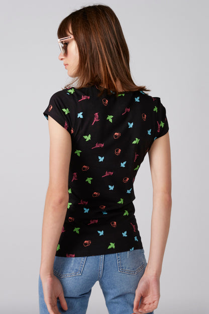 Black graphic T-shirt, back view, colorful icons, short sleeves