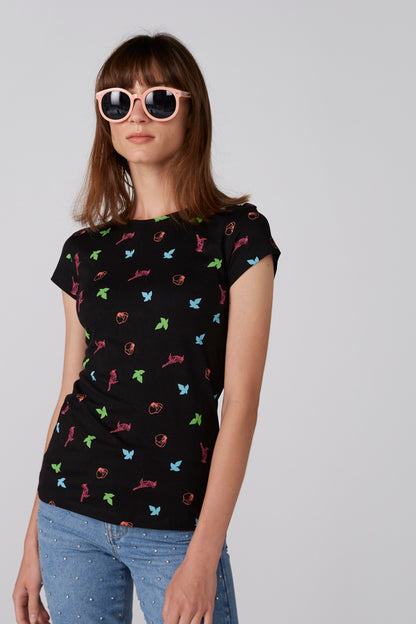 Black graphic T-shirt with colorful icons, crew neck, short sleeves