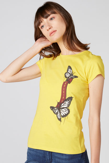 Yellow short-sleeve T-shirt with butterfly graphic on front