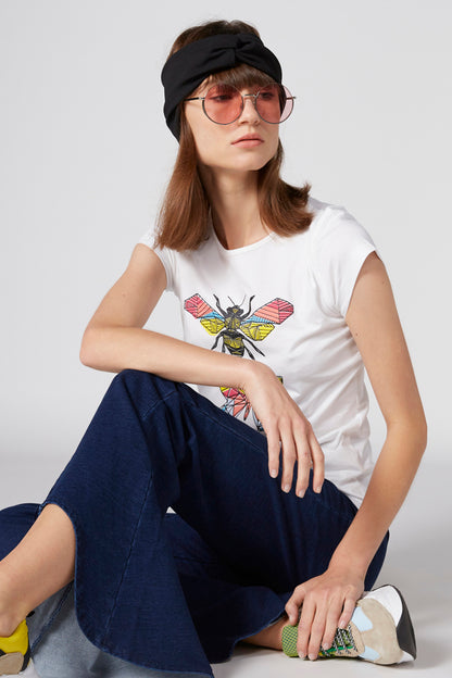 White short-sleeve graphic T-shirt with colorful insect print