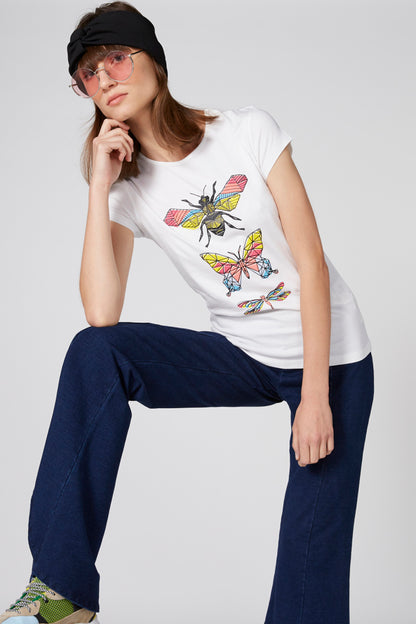 White short-sleeve graphic T-shirt with colorful insect front print