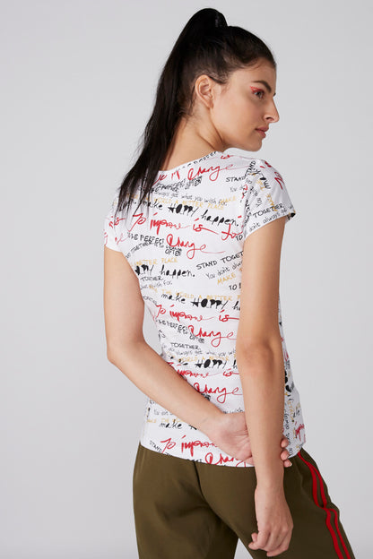 White graphic short-sleeve T-shirt with crew neck, back view