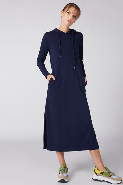 Navy hoodie midi dress with drawstring hood, long sleeves, and front kangaroo pocket