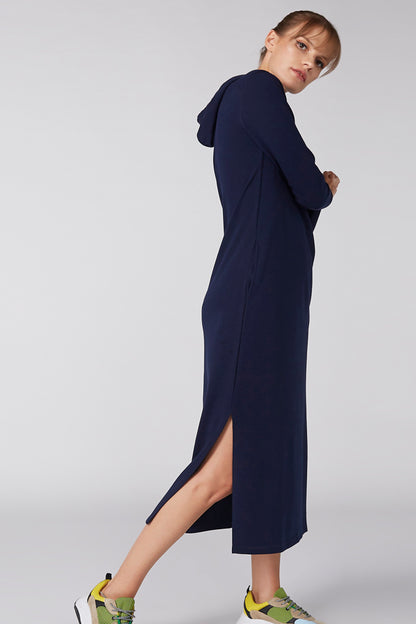Navy long-sleeve hoodie midi dress with drawstring hood and side slit