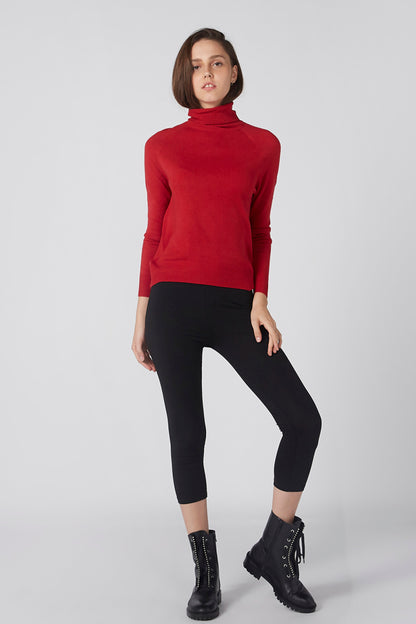 Red turtleneck long-sleeve top with long sleeves and high collar