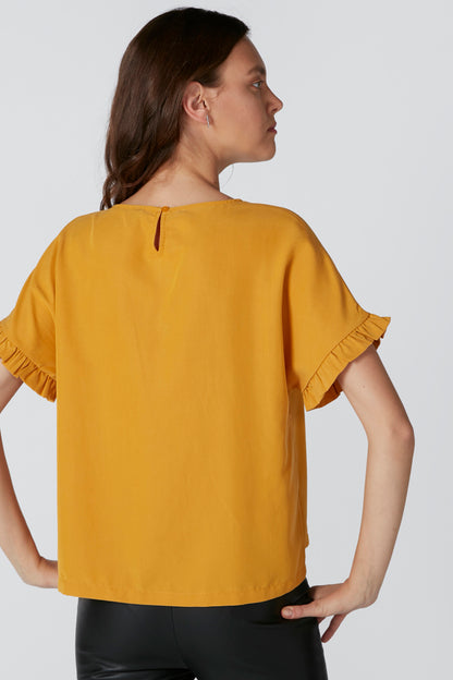 Yellow short-sleeve blouse with ruffled sleeves and keyhole back detail