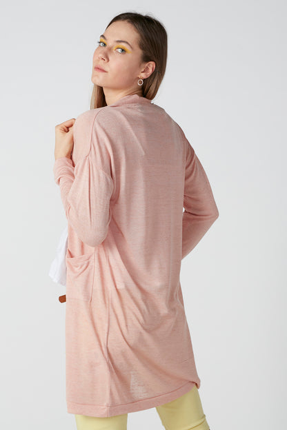Pink long-sleeve open-front cardigan, back view with draped curved hem