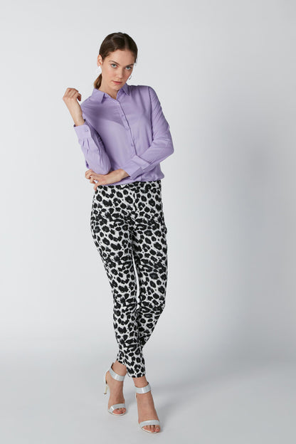 Purple long-sleeve button-up shirt with pointed collar and button cuffs