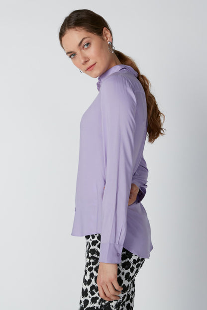 Purple long-sleeve button-up shirt in side profile with pointed collar