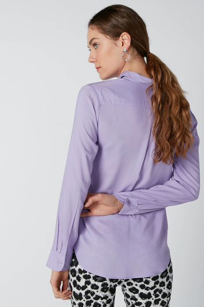Purple long-sleeve button-up shirt, back view, pointed collar and button cuffs