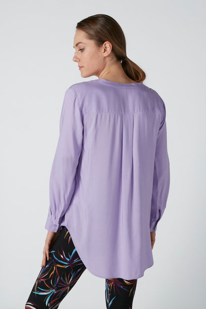 Lavender long-sleeve blouse with back yoke pleat
