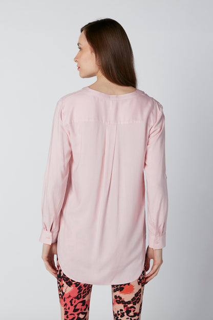 Pink long-sleeve back button-up blouse with gathered yoke