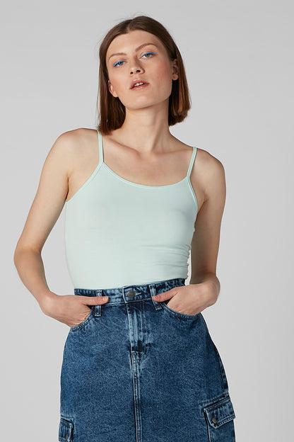 Light-blue camisole tank top with spaghetti straps and scoop neckline