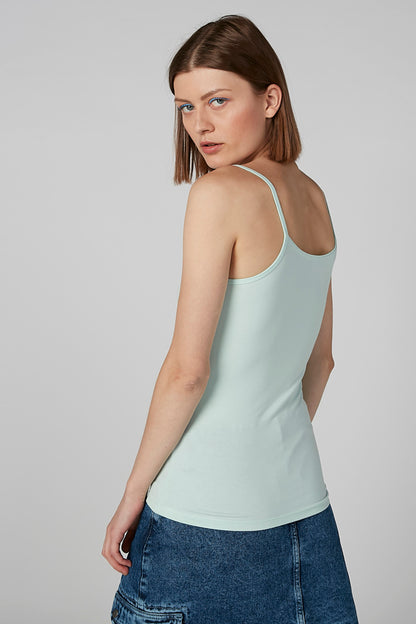 Light-blue camisole tank top with spaghetti straps, back view