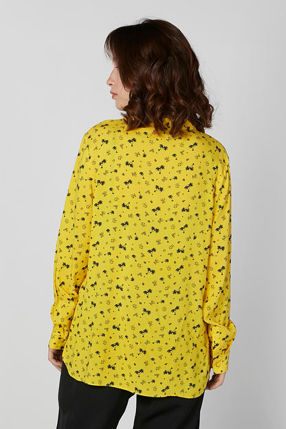 Yellow printed long-sleeve blouse, back view