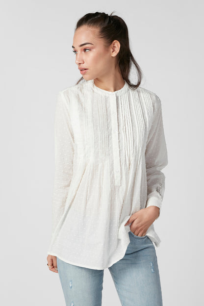 White long-sleeve blouse with vertical texture and round neckline