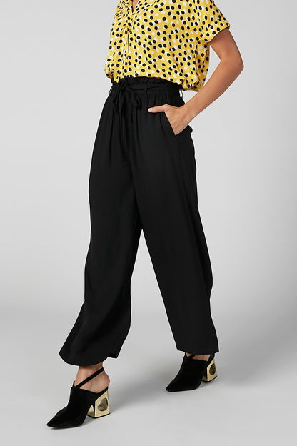 Splash black wide-leg pants with elastic waist and drawstring tie, cuffed hem
