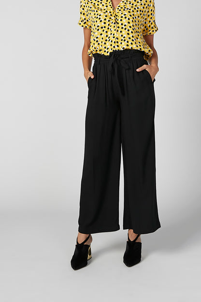 Splash black wide-leg pants, gathered drawstring waist, relaxed straight legs