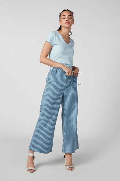 Blue V-neck short-sleeve top with striped wide-leg pants