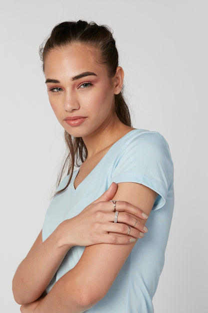 Light blue V-neck short-sleeve top, close-up